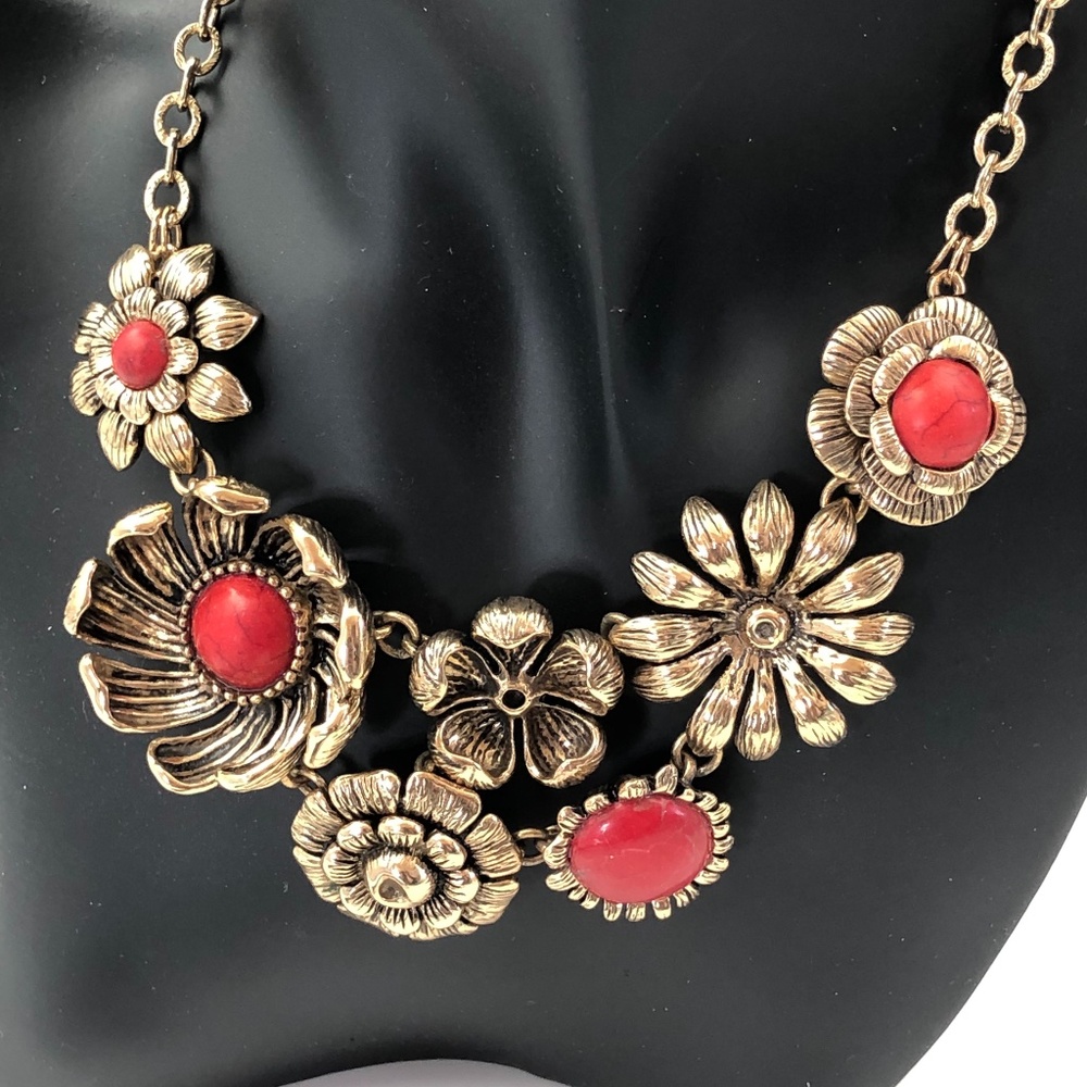 BARSE Necklace, Bracelet and Earrings, Antique Gold/ Red Stone